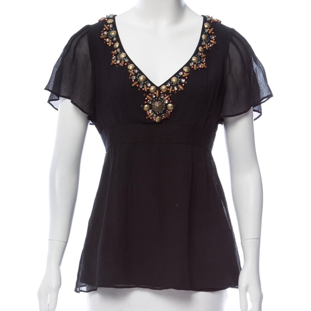 Ornately embellished, flirty top w/ empire waist